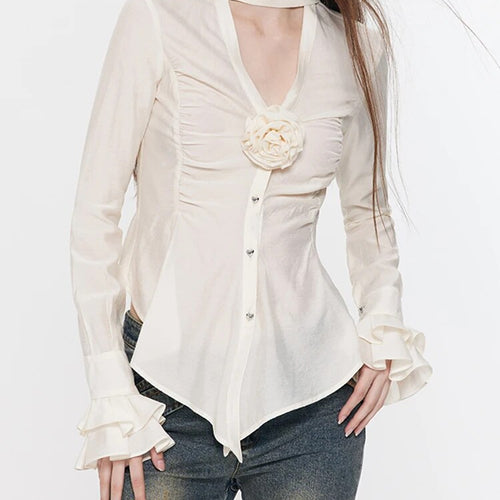 Load image into Gallery viewer, Solid Spliced Floral Blouses For Women V Neck Long Sleeve Patchwork Folds Slimming Shirt Female Fashion Clothing
