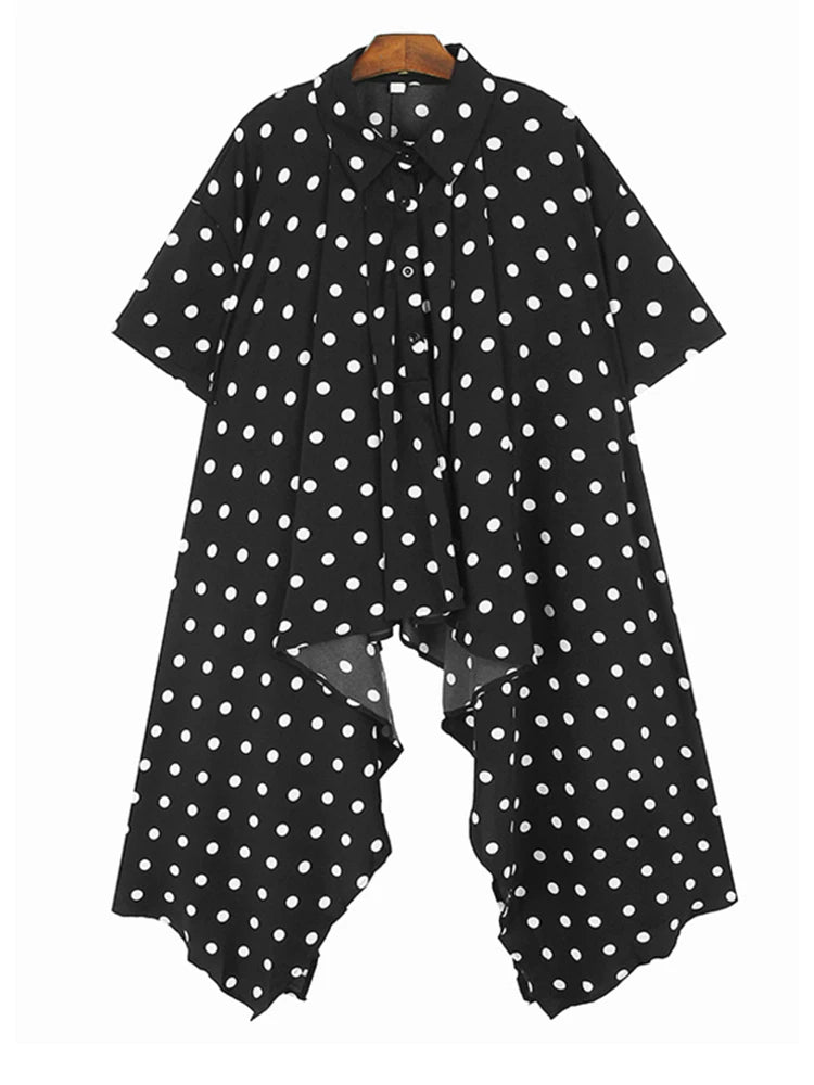 Women Black Pleated Dot Irregular Big Size Blouse New Lapel Short Sleeve Shirt Fashion Tide Spring Summer 2025 1DJ0890