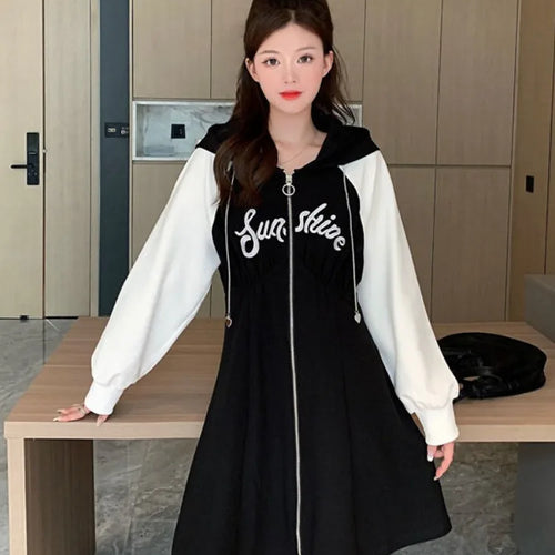 Load image into Gallery viewer, Korean Style Oversize Hooded Dress Women Preppy Style School Student Casual Letter Sport Mini Short Dresses Autumn
