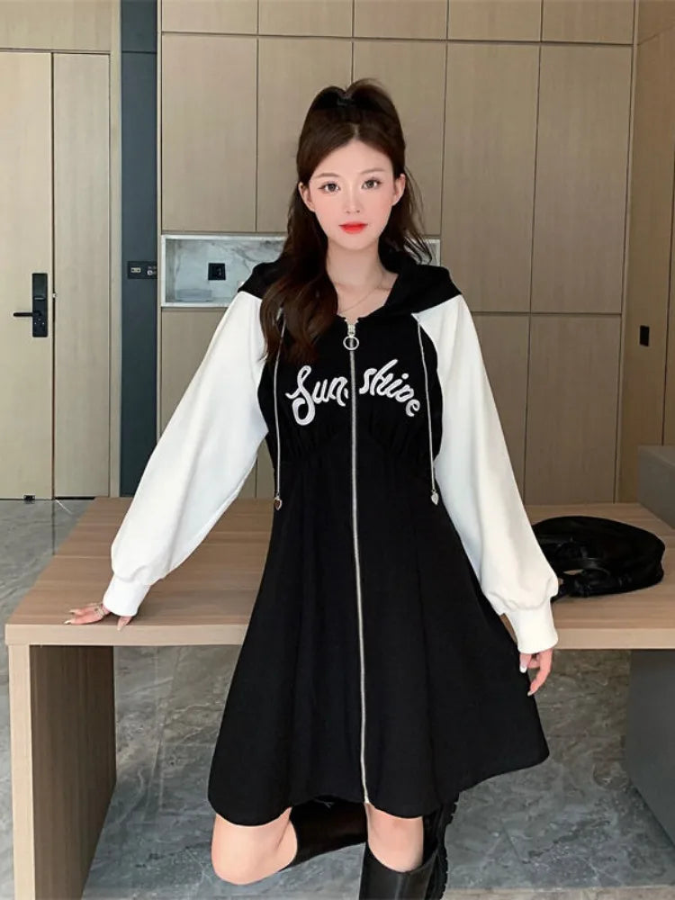 Korean Style Oversize Hooded Dress Women Preppy Style School Student Casual Letter Sport Mini Short Dresses Autumn