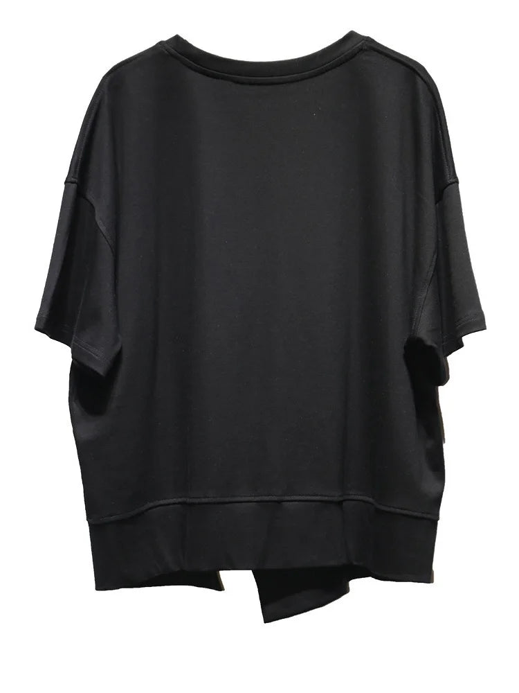 Women Black Hem Slit Irregular Big Size T-shirt New Round Neck Short Sleeve Fashion Tide Spring Summer 2025 1DJ0408