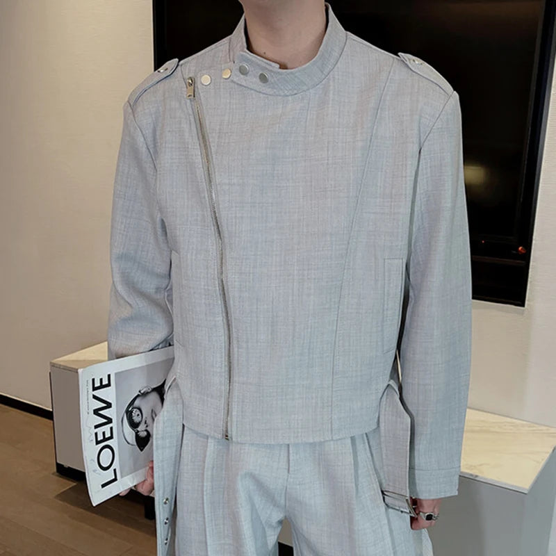 Men's Jacket New Spring Korean Solid Color Slant Zipper Handsome Design Male Stand Collar Casual Stylish Clothing 9W1413