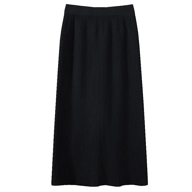 Korean Version Black Elegant Office Ladies Knitted Long Skirt Women Autumn Winter Beige High Waist Split Half Skirts Fashion New