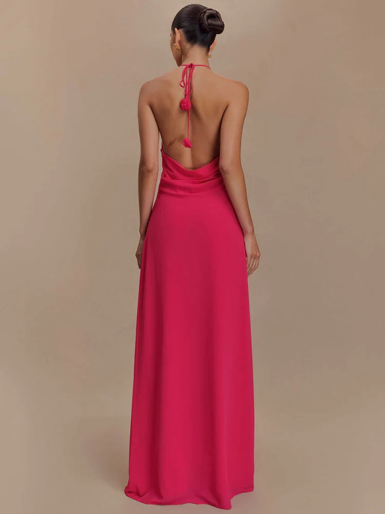Rose Halter Off-shoulder Sexy Maxi Dress Women Rose Red Sleeveless Backless Lace-up High Waist Club Party Long Dress