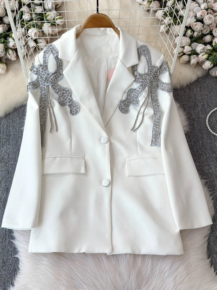Solid Patchwork Button Slimming Blazer For Women Notched Collar Long Sleeve Spliced Diamonds Elegant Coat Female