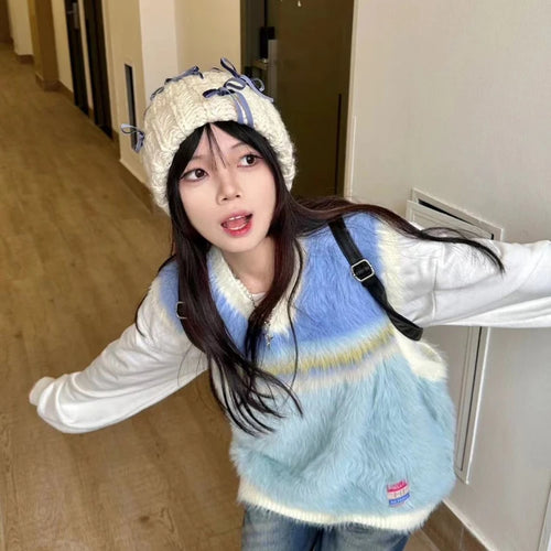 Load image into Gallery viewer, 2025 Japanese Sleeveless Sweater Vest Casual Vintage Pullovers Y2k Aesthetic Women Streetwear Grunge Striped Knitwear Waistcoat
