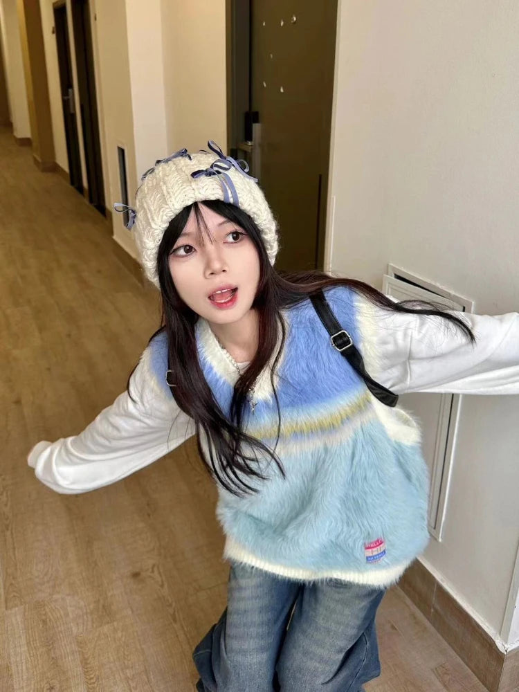 2025 Japanese Sleeveless Sweater Vest Casual Vintage Pullovers Y2k Aesthetic Women Streetwear Grunge Striped Knitwear Waistcoat