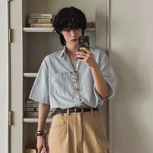 Load image into Gallery viewer, Men&#39;s Shirts New Summer Striped Short Sleeved Loose Male Lapel Casual Single Breasted Shirt Korean Trendy Male Top 9W1621
