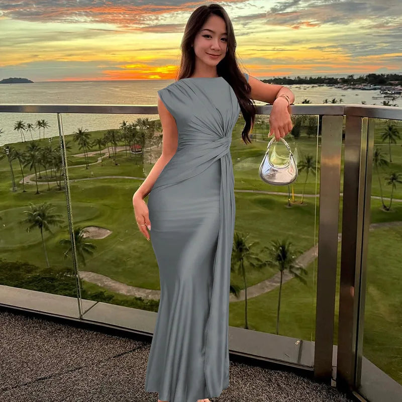 Sleeveless Ruched Sexy Maxi Dress For Women Gown Fashion Solid O Neck High Waist Bodycon Club Long Dress Vestido