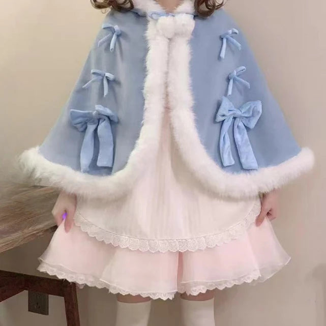 Kawaii Fur Patchwork Loose Sweet Hooded Cloak Coats Japanese Lolita Bandage Cete Jackets Y2k Aesthetic Grunge Bow Women Tops
