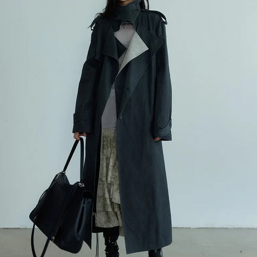 Load image into Gallery viewer, Women Gray Color-block Big Size Long Trench New Lapel Long Sleeve Windbreaker Fashion Tide Spring Autumn 2025 1DH7076
