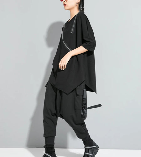 Women Black Asymmetrical Sittch Big Size T-shirt New Round Neck Long Sleeve  Fashion Tide  Spring Autumn 2025 1S185