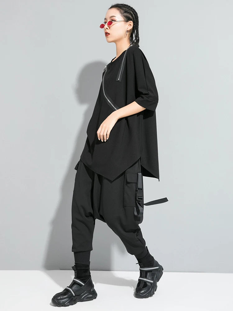 Women Black Asymmetrical Sittch Big Size T-shirt New Round Neck Long Sleeve  Fashion Tide  Spring Autumn 2025 1S185