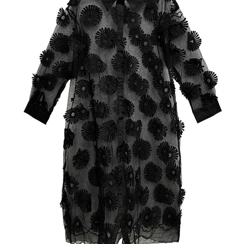 Load image into Gallery viewer, Women Black Mesh Embroidery Perspective Big Size Shirt Dress New Lapel Long Sleeve Fashion Spring Summer 2025 1DJ1154
