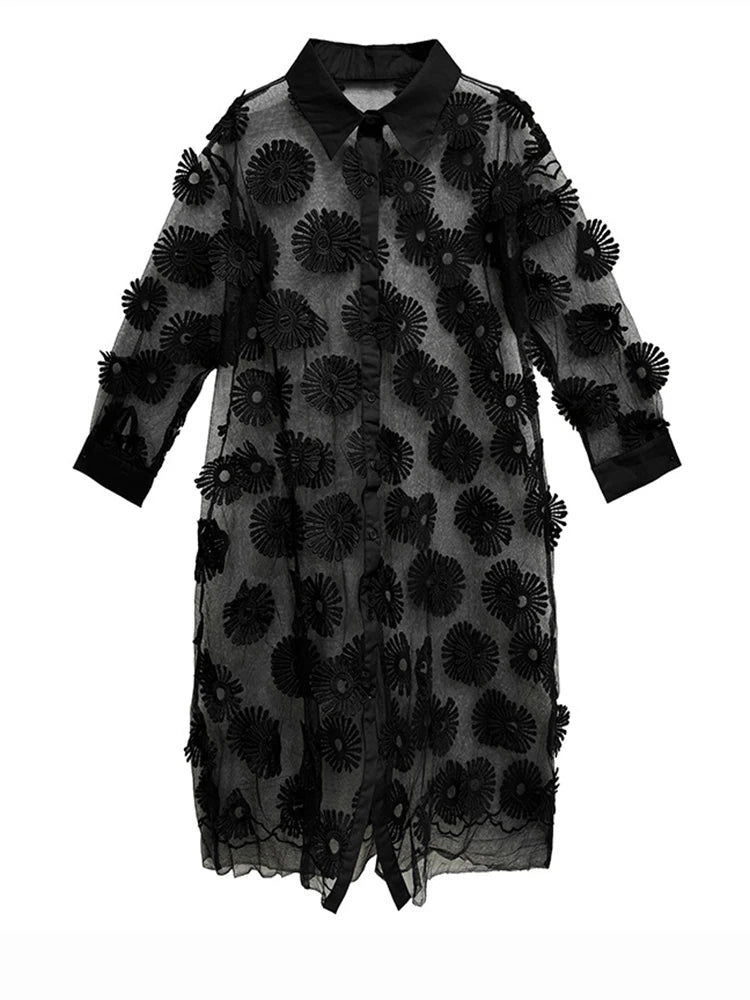 Women Black Mesh Embroidery Perspective Big Size Shirt Dress New Lapel Long Sleeve Fashion Spring Summer 2025 1DJ1154