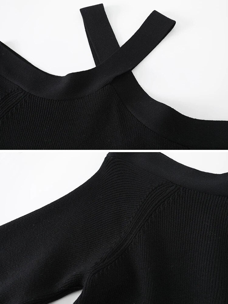 Solid Loose Knitting Sweaters For Women Halter Long Sleeves Cold Shoulder Temperament Sweater Female Fashion