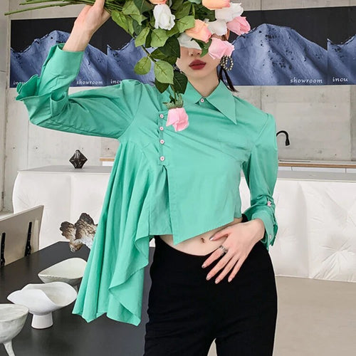 Load image into Gallery viewer, Minimalist Shirts For Women Lapel Long Sleeve Patchwork Button Casual Loose Irregular Summer Blouse Female Fashion
