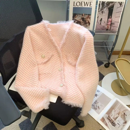 Load image into Gallery viewer, Autumn Winter Korean V Neck Striped Tassel Knitted Cardigan Coat Women&#39;s Elegant Single Breasted Thick Mohair Sweater Fashion
