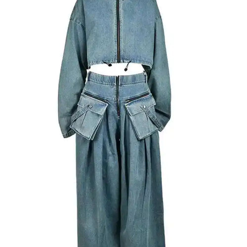 Load image into Gallery viewer, Blue Denim Jacket Big Size Wide Leg Pants Two Piece Suit New Stand Collar Women Fashion Tide Spring Autumn 2025 CPG0370
