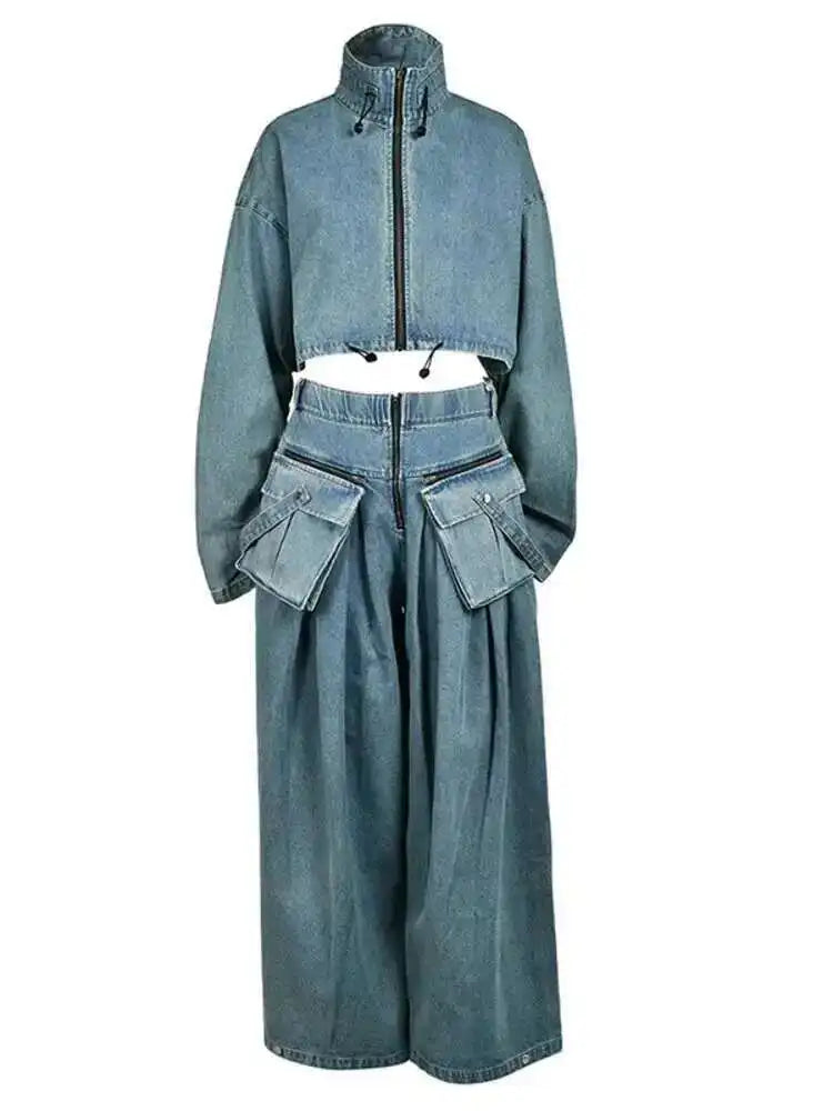Blue Denim Jacket Big Size Wide Leg Pants Two Piece Suit New Stand Collar Women Fashion Tide Spring Autumn 2025 CPG0370