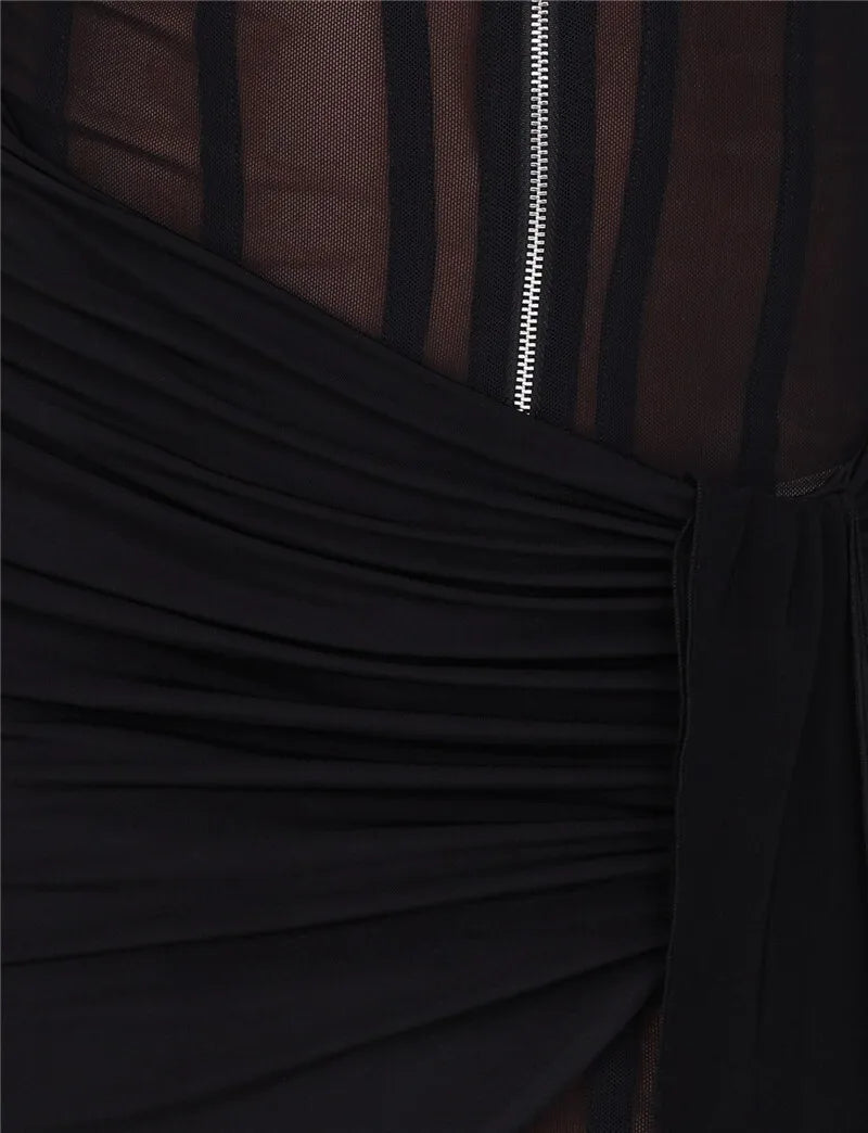Black See Through Mesh Ruched Sexy Mini Dress For Women Robe Summer New Zipper Sleeveless Skinny Draped Club Dress