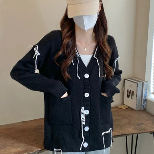 Load image into Gallery viewer, Chic Tassel Sweater Cardigan Women Autumn Winter Korean Fashion Loose Lazy Student Black Sweaters Coat Single-breasted
