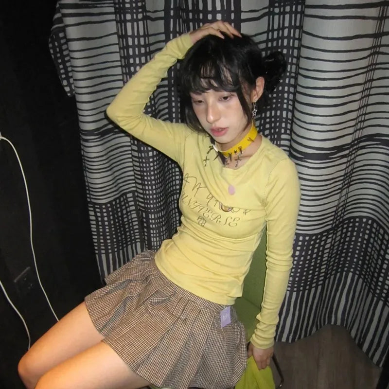 Y2k Aesthetics Yellow T-shirt 2000s Japanese Harajuku Tee Shirt Grunge Letter Print Long Sleeve Tshirt E-girl Streetwear