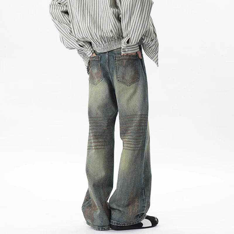 Male Jeasn Splashed Ink Glitter Design New American Style Straight Wide Leg Worn-out Stylish Men's Summer Bottoms 9W1854