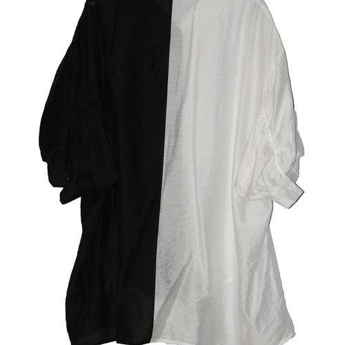 Load image into Gallery viewer, Women White Black Color-block Thin Big Size Blouse New Lapel Half Sleeve Shirt Fashion Tide Spring Summer 2025 1DJ1566
