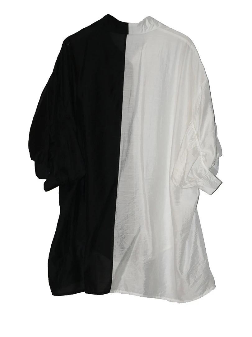 Women White Black Color-block Thin Big Size Blouse New Lapel Half Sleeve Shirt Fashion Tide Spring Summer 2025 1DJ1566