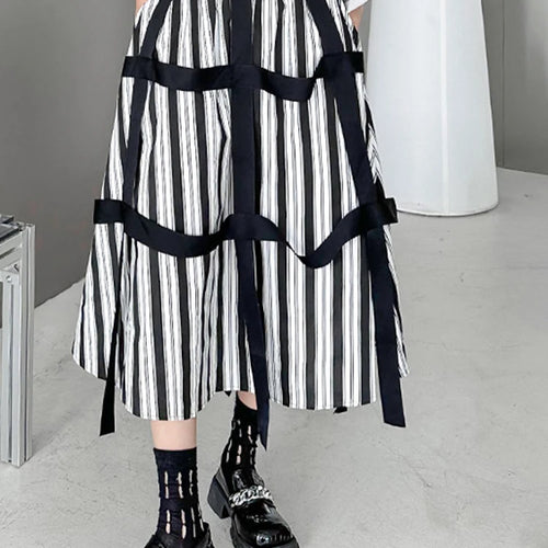 Load image into Gallery viewer, High Elastic Waist Striped Ribbons Long A-line Casual Half-body Skirt Women Fashion Tide New Spring Autumn 2025 1DH8206
