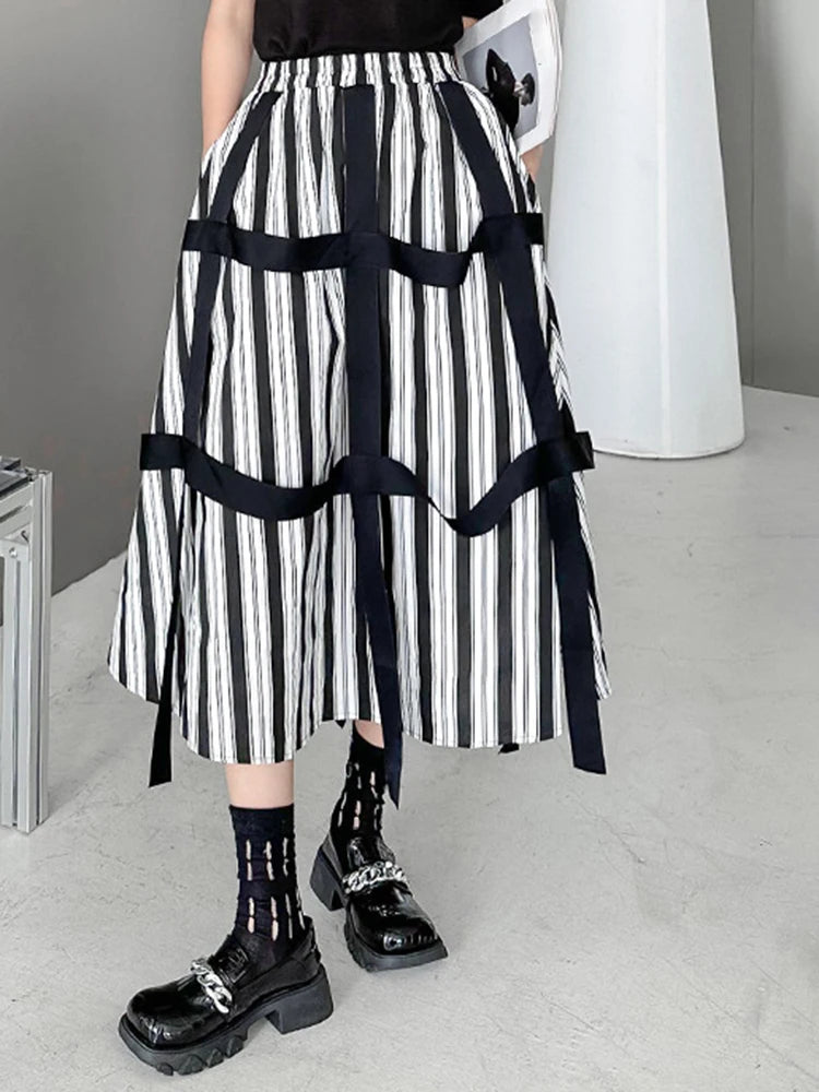 High Elastic Waist Striped Ribbons Long A-line Casual Half-body Skirt Women Fashion Tide New Spring Autumn 2025 1DH8206