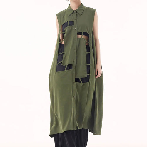 Load image into Gallery viewer, Women Army Green Hollow Out Big Size Midi Casual Dress New Lapel Sleeveless Fashion Tide Spring Summer 2025 1DH9512
