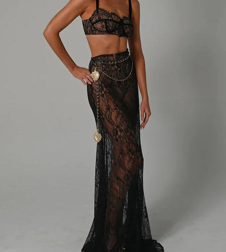See Through Lace Two Piece Skirt Sets Women Crop Top And Maxi Skirt Sets Elegant Party Beach Sexy Two Piece Set