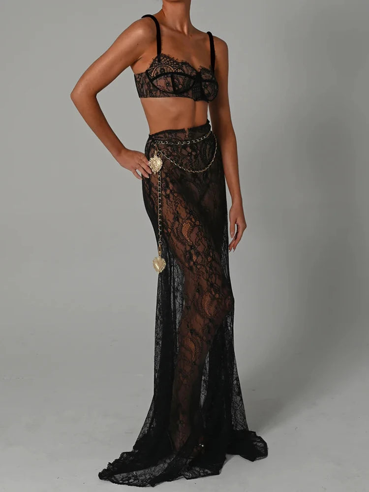 See Through Lace Two Piece Skirt Sets Women Crop Top And Maxi Skirt Sets Elegant Party Beach Sexy Two Piece Set