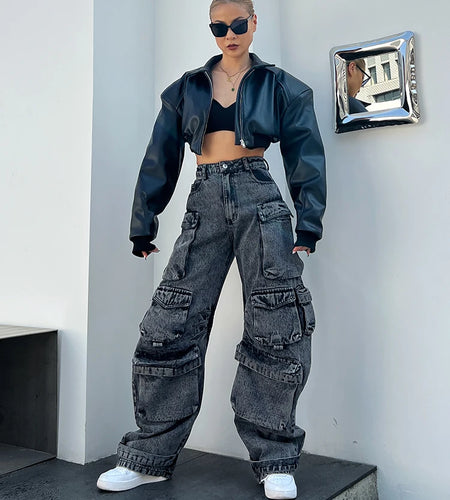 Denim Jeans For Women High Waist Patchwork Pocket Casual Loose Cargo Pants Female Fashion Clothing Autumn