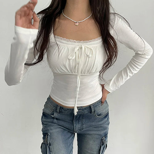 Load image into Gallery viewer, Korean White Lace Patched Female T-shirt Slim Basic Sweet Folds Autumn Tee Cute Top Coquette Clothes Front Tie-Up Y2K
