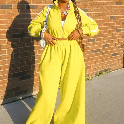 Load image into Gallery viewer, Fall Fashion 2 Pcs Sets Matching Color Long Sleeve Zipper Crop Top Falre Sweatpants Outfits Streetwear Work Out
