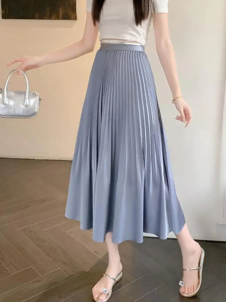 Spring Summer New Women Solid Office Elegant Long Skirt French Fashion High Waist Vacation Pleated Half Skirt Popular Streetwear