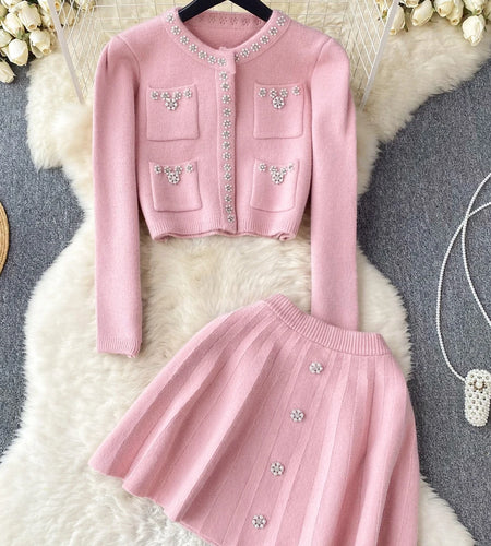 Vintage Elegant Two Piece Set Women Solid Pearl Round Neck Long Sleeve Short Tops + High Waist Pleated Short Skirt Autumn Winter