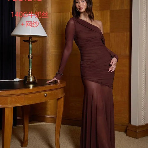 Load image into Gallery viewer, Elegant Mesh Patchwork Diagonal Collar Double Layer Dress Women Sexy Perspective Party Club Evening Dress Spring New2025
