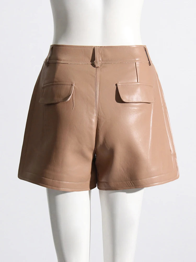 Solid Patchwork Pockets Leather Shorts For Women High Waist Spliced Button Minimalist Temperament Short Pant Female