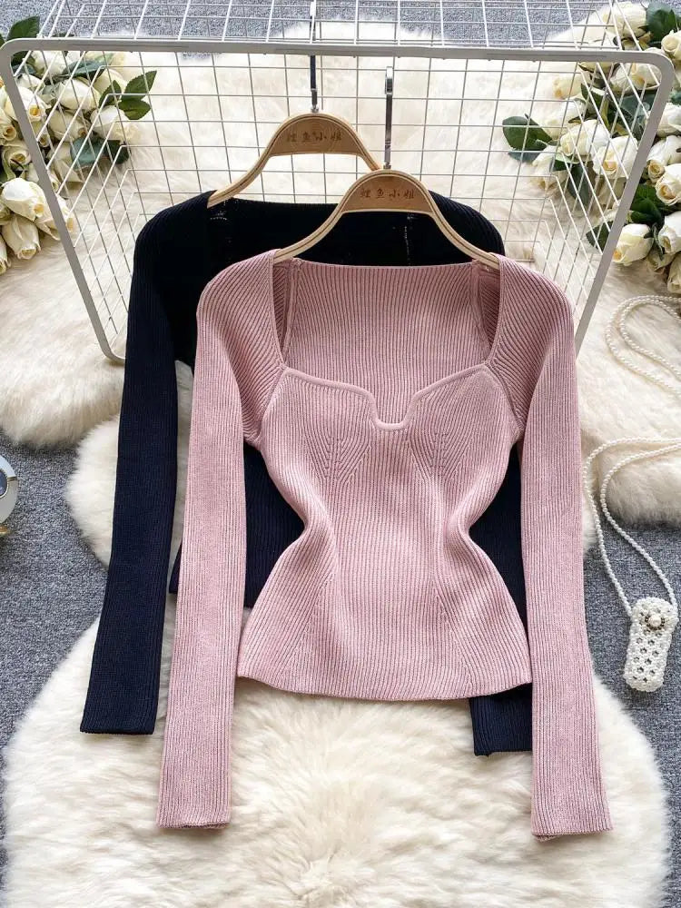 Fashion Solid Knitted Square Collar Long Sleeves Slim Fit Tops Women France Autumn Office Lady Elegant Pullover Sweater Popular
