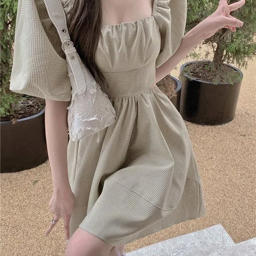 Load image into Gallery viewer, Kawaii Plaid Mini Dress Women Sweet Wrap Puff Sleeve Short Dresses Casual Hollow Out Sauqre Collar Summer Sundress
