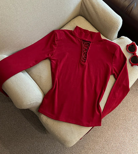 Autumn Winter Elegant Half High Collar Hollow Out Short T Shirt Women New Long Sleeved Slim Tops 2024 Korean Simplicity Clothing