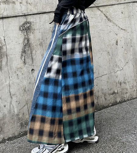 High Elastic Waist Blue Back Plaid Denim Long A-line Half-body Skirt Women Fashion Tide New Spring Autumn 2025 1DH8117