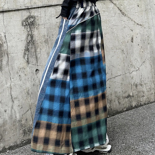 Load image into Gallery viewer, High Elastic Waist Blue Back Plaid Denim Long A-line Half-body Skirt Women Fashion Tide New Spring Autumn 2025 1DH8117
