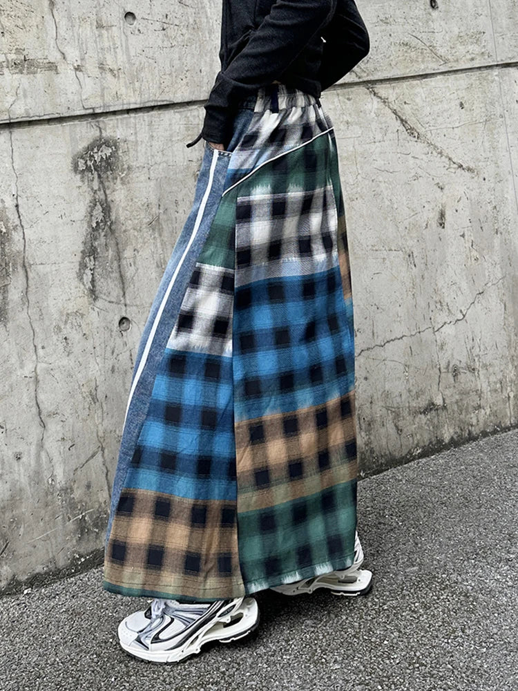 High Elastic Waist Blue Back Plaid Denim Long A-line Half-body Skirt Women Fashion Tide New Spring Autumn 2025 1DH8117