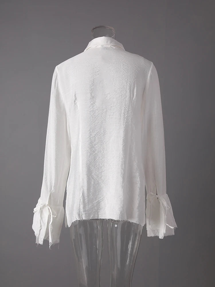 Women White Burr Hem Bandage Thin Elegant Blouse New Lapel Long Sleeve Shirt Fashion Tide Spring Autumn 2025 1DD6706