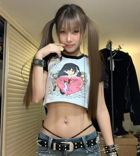 Japanese Y2k Anime Print Crop Top Trashy 2000s Graphic T Shirts Harajuku Short Sleeve Patchwork T-shirt Korean Popular